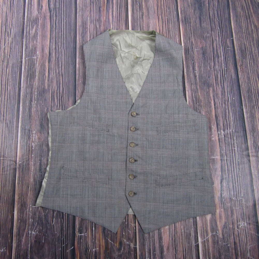 Suit Vest Mens M Gray Check Wool Polyester Tweed 3 Piece Belted Formal Waistcoat